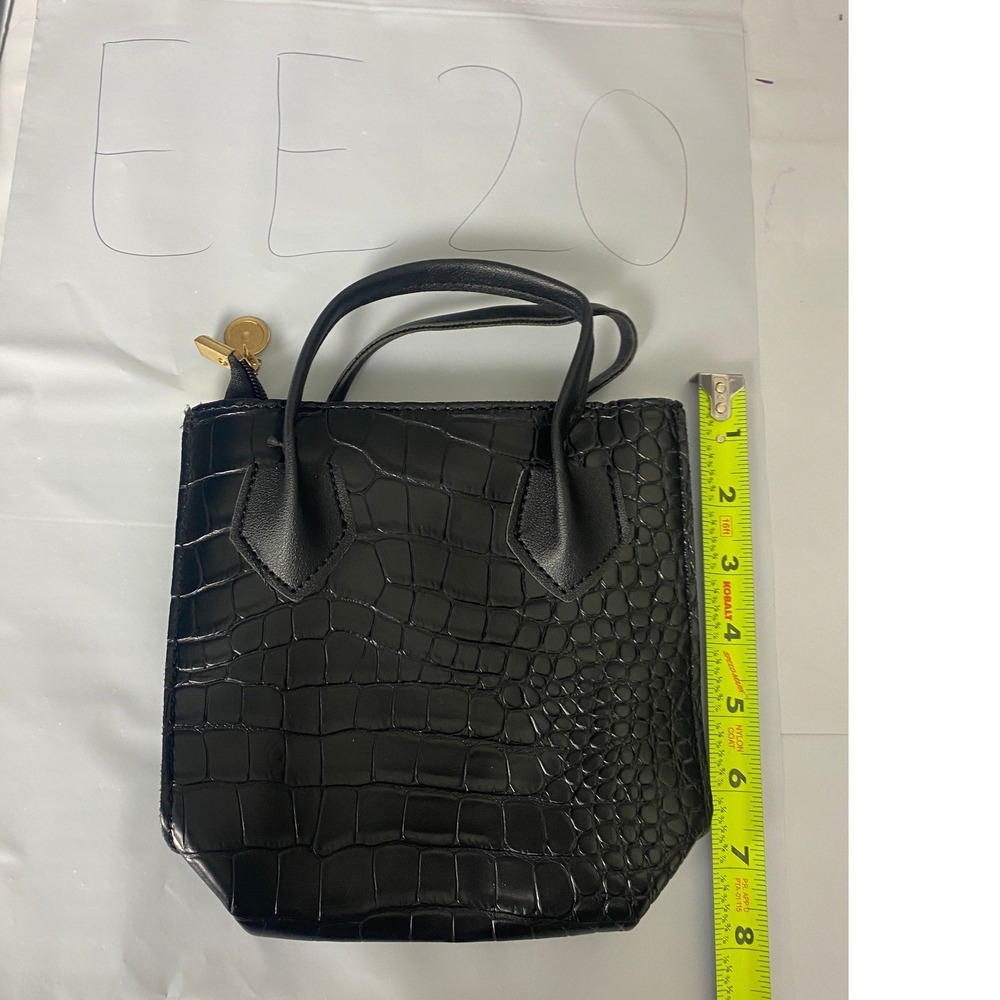 Black Croc Embossed Mini Tote Handbag Faux Leather Top Handle Purse Zip Closure